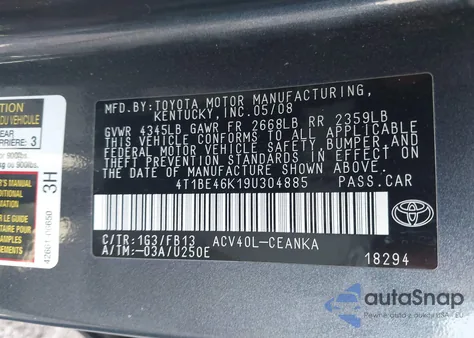2009 Toyota Camry Le из США, поврежденный, VIN 4T1BE46K19U304885